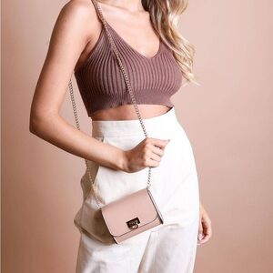 Versatile Mini Faux Leather Belt Bag w/Gold Chain- Nude